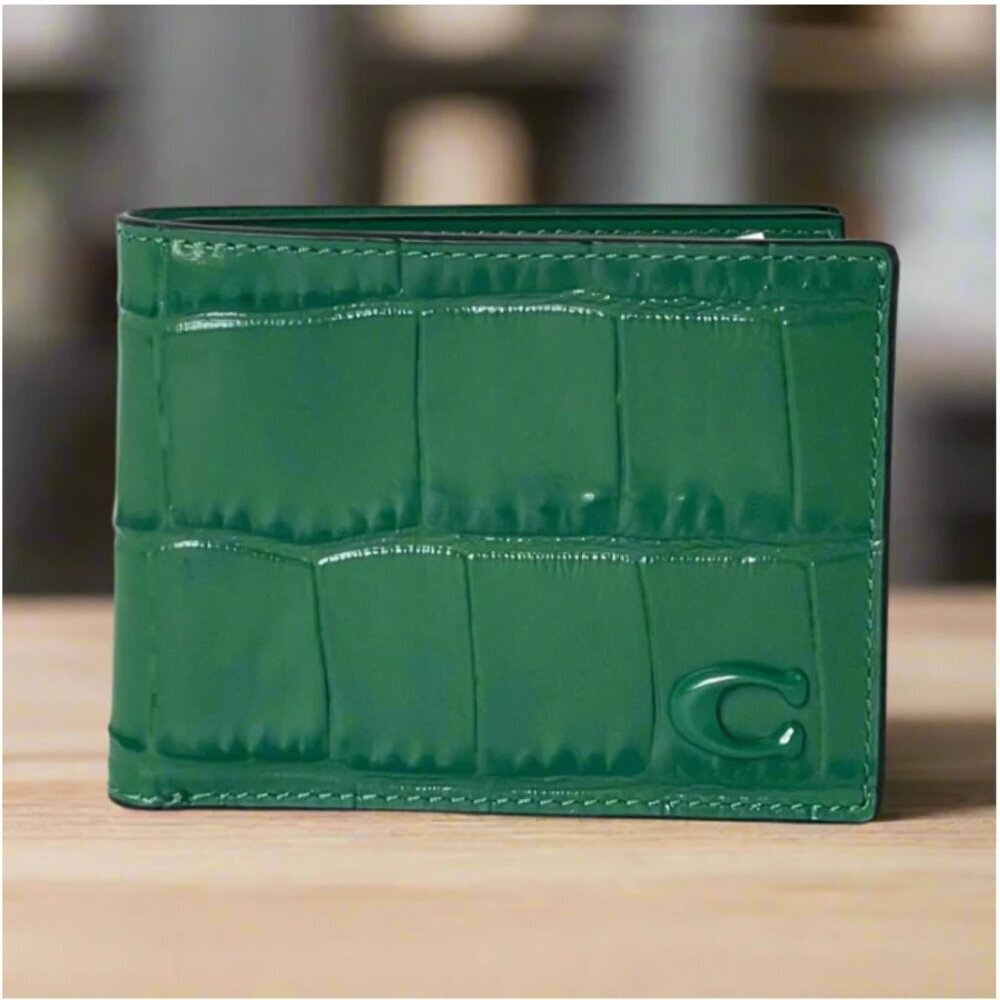 Coach Mens Slim Billfold Wallet Green Croc Embossed Leather